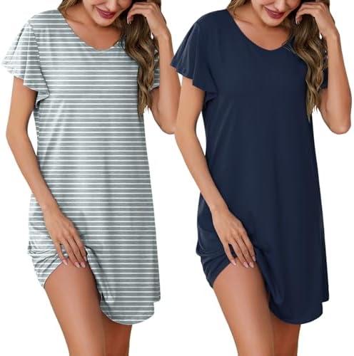 Marvmys 2 Pack Nightgowns for Women Short Sleeve Night Shirts V Neck Sleepwear Night Gown Loungewear M