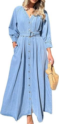 Women's Denim Shirt Dress Button Down Jean Dress Long Sleeve Midi Dress with Pockets, S