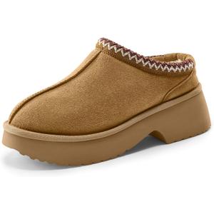 Vilanva Platform Clogs for Women Cozy Suede Fall Slippers with Warm Fur Lined Slip on Shoes Outdoor Indoor House (7.5, Chestnut)