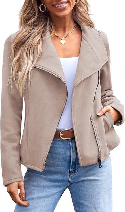 AUTOMET Women‘s Faux Suede Leather Jacket, Cropped Open Front Coat for Fall Winter Spring, Cardigan Style, Size Medium