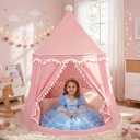 Kids Play Tents, Breathable Cotton & Hemp Playhouse Teepee Tent with Star Lights for Childrens and Toddlers,Suitable for Kids Room and backyart（Pink）