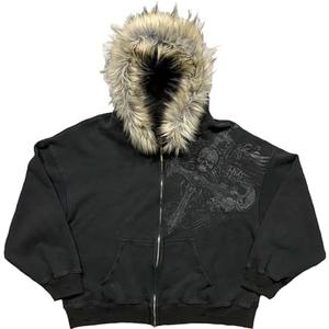 RICHTRUE Therian Fur Hood Jacket Y2k Goth Zip Up Hoodie Oversized Graphic Sweatshirt Emo Grunge Streetwear Fall Winter 2025 (Goth Black, M)