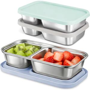 3 Pack Stainless Steel Snack Containers with Silicone Lids, 2-Compartment Snack Containers for Lunch, Office, Travel & CampingAqua, Blue, Grey