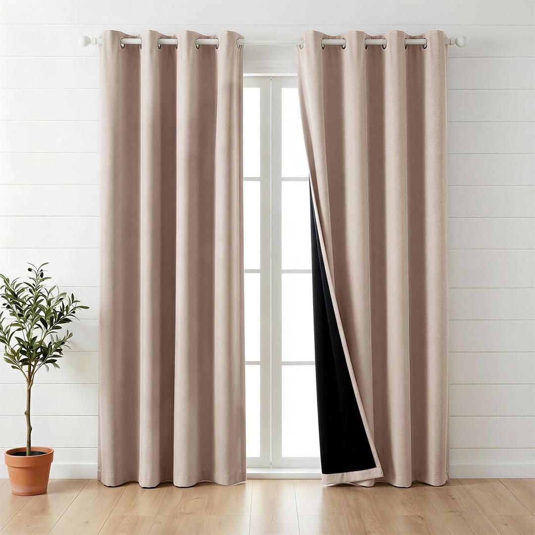 100% Blackout Curtains for Bedroom 84 Inch,2 Panels,Light Coffee | Faux Linen Cutains for Bedroom,Thermal Insulated Grommet Window Drapes,Blackout Curtains with Black Back,52 x 84 in,2 Panels