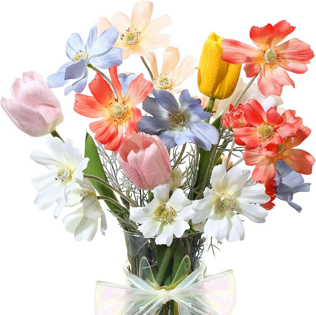 Hoteam 8 Pcs Wildflower Artificial Flowers Fake Flowers 24'' Cosmos Silk Flower 18'' Faux Tulip Long Stem Wildflower Colorful Coreopsis Bouquet for Wedding Floral Arrangements Garden Table Decoration