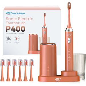 JTF Sonic Electric Toothbrush with UV Sanitizing & Drying: 5 Modes for Effective Yet Gentle Cleaning with 6 Brush Heads, Rinse Cup, Wireless Charging Base, Rechargeable for Daily Care, Home & Travel