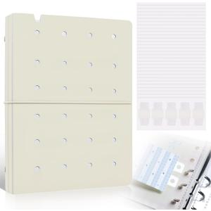 Refillable A5 Binder 6 Ring Cover for Planner Journal Budget Notebook Making with 300 PCS Binder Sheet Converter Sticker, Loose Leaf Cover with 20mm Inner Diameter Ring (Perforated-Beige)