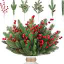50 Pcs 18.5 Inch Large Christmas Artificial Pine Branches Faux Pine Needles with Pinecone, Red Berry Stems Greenery Fake Needle Branches Red Berry for DIY Christmas Wreath Garland
