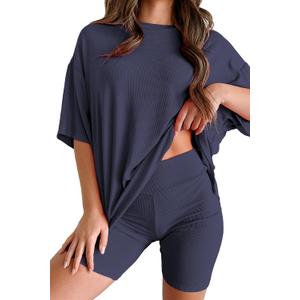 Women's 2 Piece Lounge Set 2026 Summer Outfit Oversized Short Sleeve Tshirts & Biker Shorts Casual Matching Travel Tracksuit Pajamas (Navy Blue, XL) (XL)