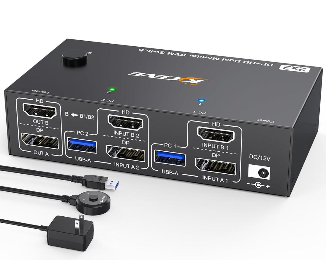 4K@144Hz KVM Switch 2 Monitors 2 Computers 8K@60Hz, MLEEDA HDMI and Displayport Dual Monitor KVM Switch with 4 USB 3.0 Port for Keyboard Mouse Printer, with Wired Remote, Power Adapter and USB Cables