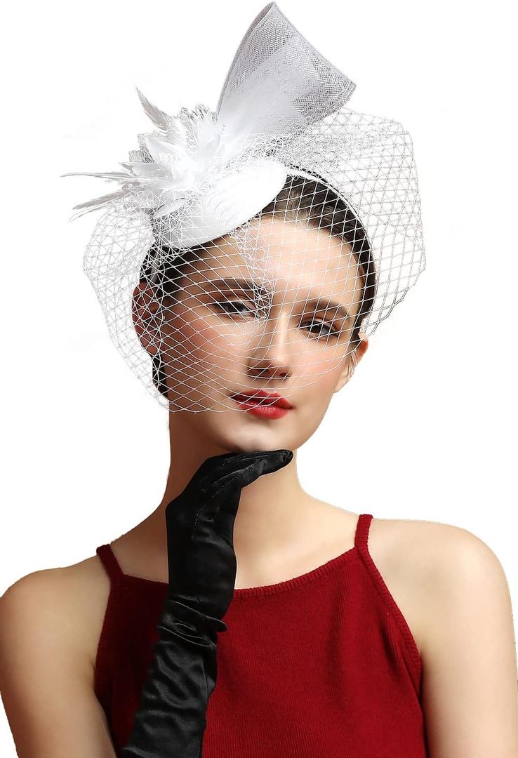 Fascinators Hat Feather Headband Women's Fascinators Tea Party Headwear with Clip Derby Hat for Girls and Women (5 White)