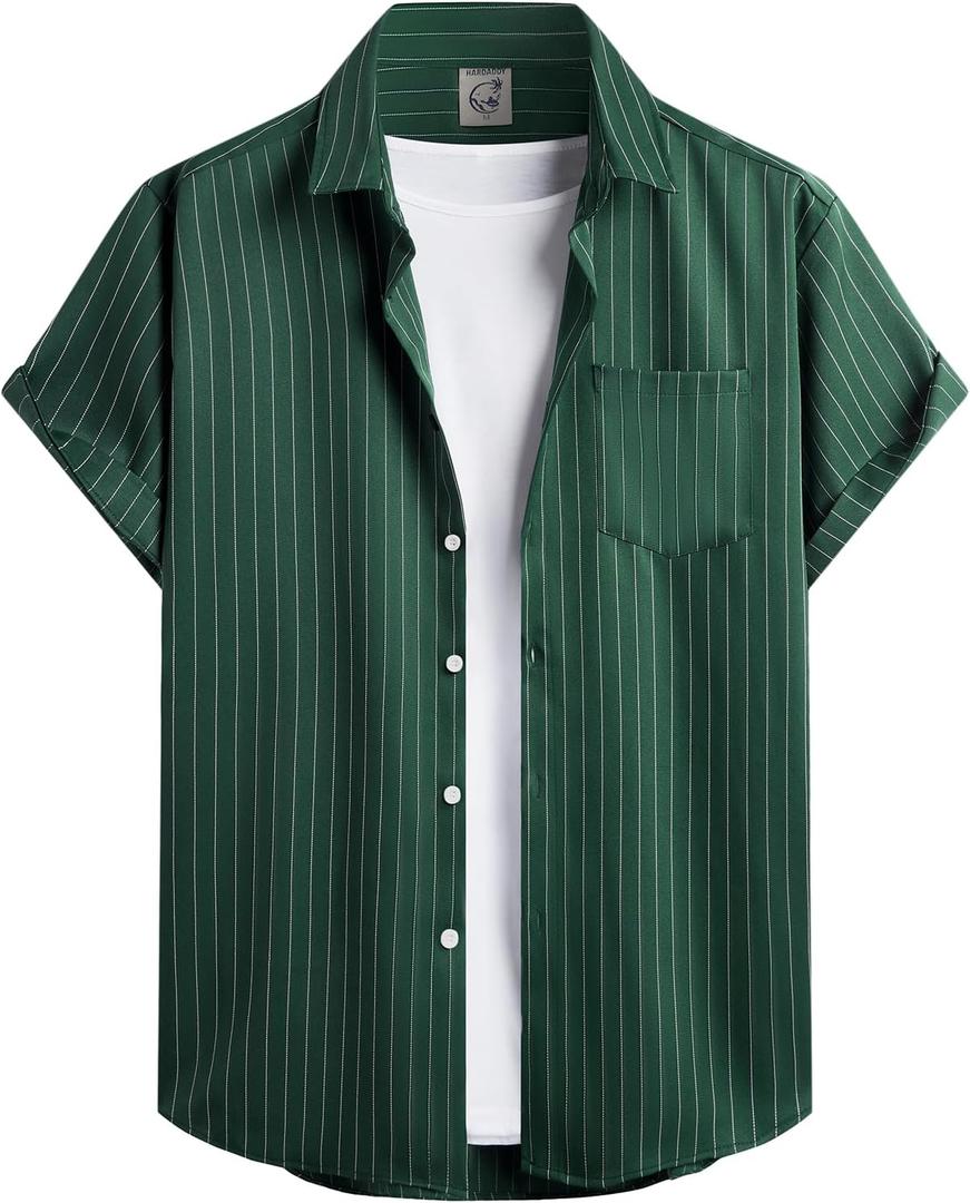 Hardaddy Men's Casual Striped Shirts Button Down Short Sleeve Blouse Summer Hawaiian Shirt L