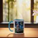 Gray Tabby Tiger Cat Starry Night Moon and Stars Artwork Ceramic Mug, Blue/White