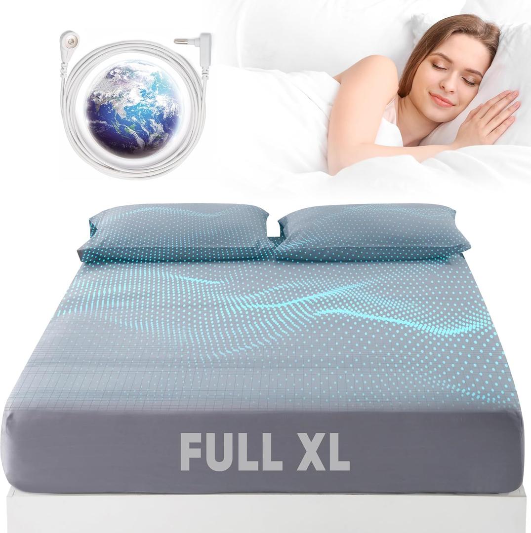 Grounding Sheets King Size, Grounding Sheets Full XL Size, 95% Organic Cotton + 5% Pure Silver Fiber, Grounded Sheet Earth Connected Bedding (Full XL - 54"x 80"x 13" Gray)