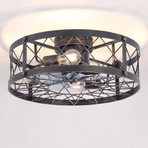 24" Farmhouse Flush Mount Caged Ceiling Fans with Lights, Rustic Low Profile Ceiling Fan with Light and Remote, Reversible DC Motor Bladeless Enclosed Ceiling Fan for Bedroom Laundry Room Kitchen