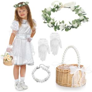 Riceshoot 4 Pack Flower Girl Baskets Set Flower Girl Jewelry Wedding Accessories Headband Bracelet Baskets Gloves (Rustic)