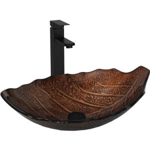 Bathroom Leaf Shape Artistic Glass Vessel Sink, Brown, 14"D x 22"W x 7"H
