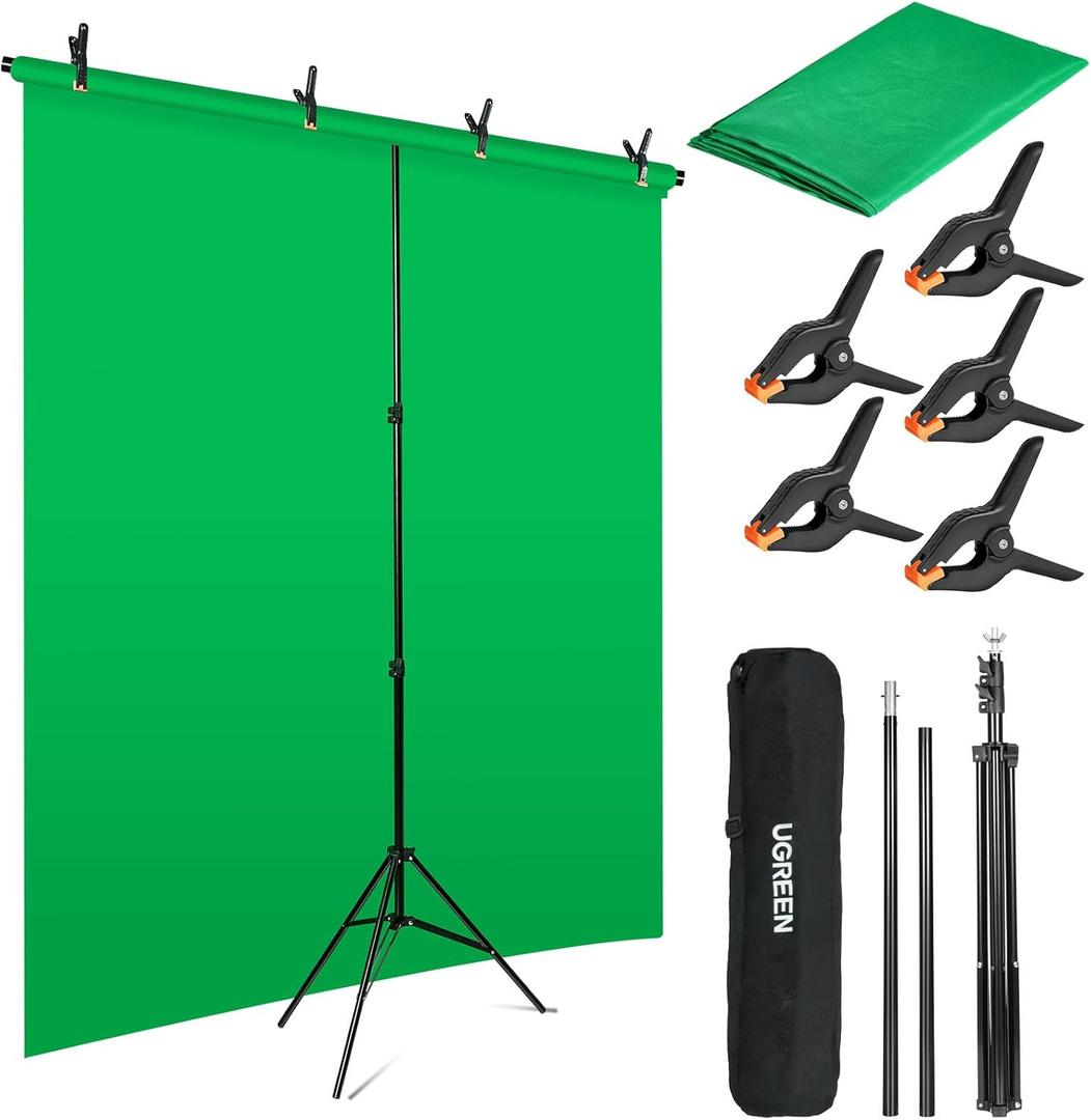 Green Screen Backdrop Kit 6.5x5 ft Portable Chroma Key Background with T-Shaped Stand, 5 Spring Clamps & Carrying Bag  for Zoom, YouTube, TikTok, Gaming, Streaming, Photography (Green)