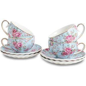 Tea Cup and Saucers, 6.4oz Floral Tea Cups with Gold Trim, Porcelain Teacup, Coffee Cappuccino Espresso Latte Mugs for Party Birthday,Party Cafe Home, Christmas Gift (Blue)