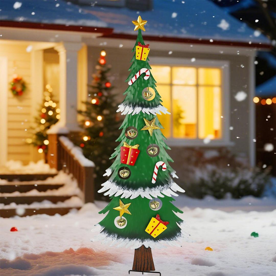 Hausse Christmas Tree with Stakes, 36" Outdoor Christmas Decoration with Tinkling Bells, Metal Xmas Tree Yard Signs, Holiday New Year Winter Home Decor for Garden Lawn Pathway Patio