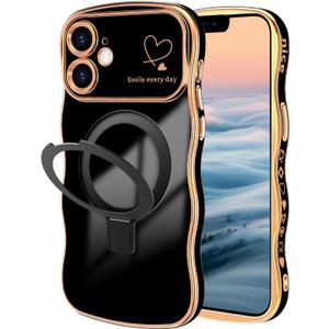for iPhone 11 Magnetic Case with Stand, Luxury Electroplating Shockproof Wave Curly Frame and Heart Pattern, Lens and Screen Edge Raised Protection for iPhone 11 - Black