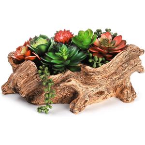 Tebery Artificial Driftwood Stump Log Planter Vintage Cactus Container with Drainage Hole, Creative Imitation Sculpture Resin Succulent Flower Pot for Herb, Strawberry, Small Plants