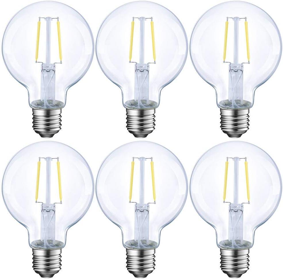 ENERGETIC SMARTER LIGHTING Dimmable LED Edison Light Bulb, G25 (G80) Globe Shape, Clear Glass, 40 Watt Equivalent, 2700K Soft White, Christmas Light, E26 Standard Base, UL Listed, 6-Pack