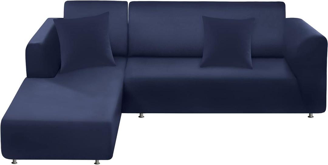 Couch Cover L Shape Sectional Sofa Cover 2-Piece Soft Stretch Sofa Slipcover Furniture Protector Couch Slipcover with 2Pcs Pillowcases (Sofa 3 Seater + 3 Seater, Navy)