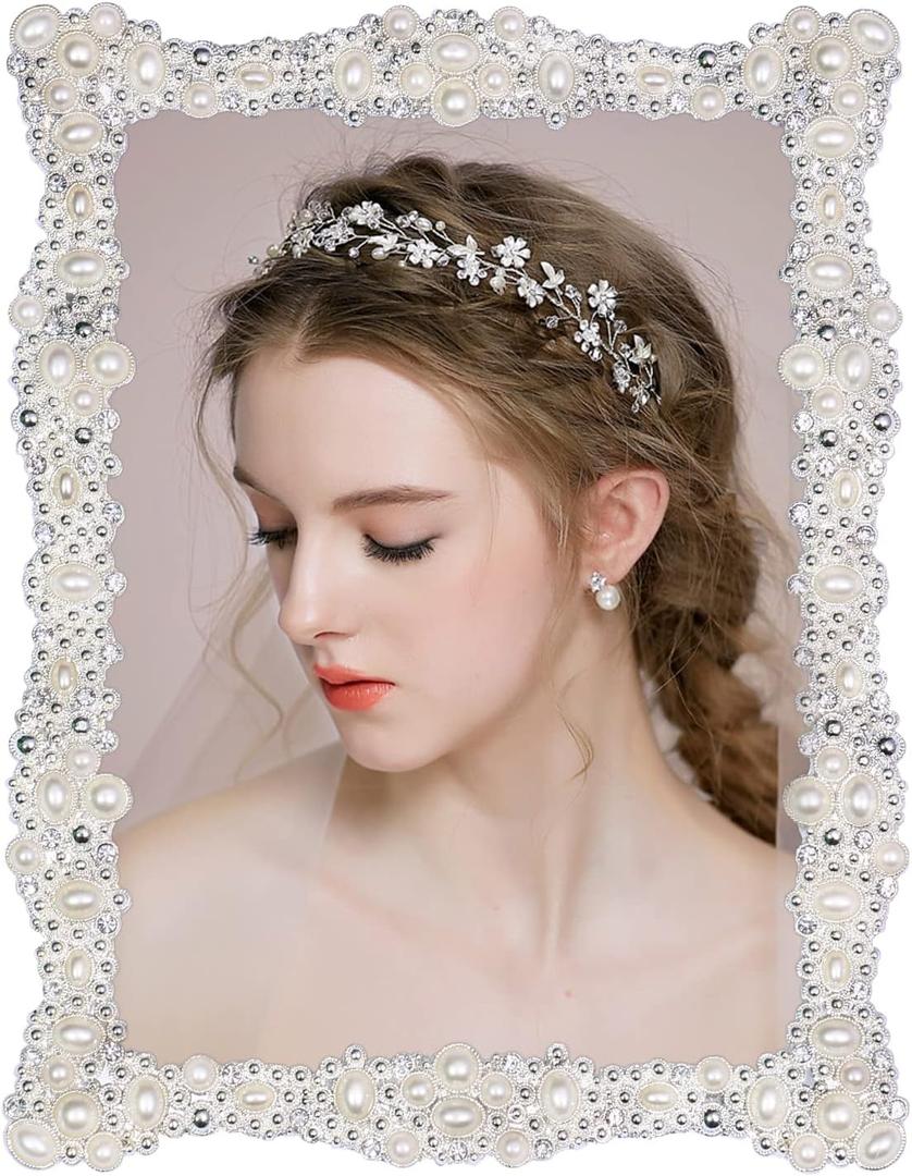 DIKAR 5x7 Picture Frame, Wedding Picture Frame for Metal Frame with HD Acylic Front, Tabletop and Wall Art Display Pearls Diamond Photo Frame for Wedding Valentine's Day Gifts