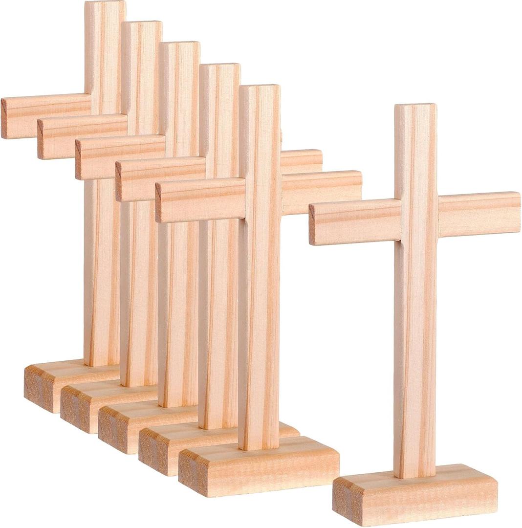 Suzile 6 Pcs Christian Wooden Crosses Centerpiece Bulk for Craft Easter Nativity Tabletop Standing Baptism Religious Church Cross Sunday School First Communion Party Favors, 8.66 x 4.72 Inch