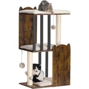 FourFurPets 35.4in 3-Tier Modern Cat Tree Tower Condo, Cat Scratch Posts for Indoor Cats, Big Plate, Two Full Sisal Scratching Posts, Rustic Brown