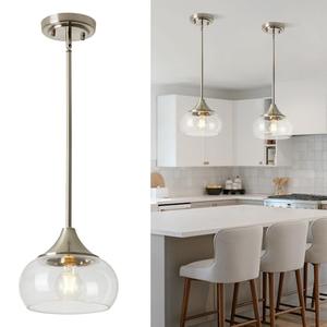 Modern Pendant Lights for Kitchen Island, Brushed Nickel Pendant Light Fixtures with 8.5" Clear Glass Shade, Industrial Hanging Pendant Lights Fixture for Kitchen Island Dining Room Entryway 1 Pack