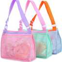 Tagitary Beach Toy Mesh Beach Bag Kids Shell Collecting Bag Beach Sand Toy Seashell Bags Swimming Accessories for Boys and Girls(Only Bags,A Set of 3) (Blue+Pink+Light Green)