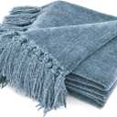 RECYCO Throw Blanket Soft Cozy Chenille Throw Blanket with Fringe Tassel for Couch Sofa Chair Bed Living Room Gift (Dusty Blue, 50'' x 60'')