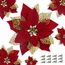 Childom 12 PCS Poinsettia Flower Artificial Poinsettia Christmas Decoration 8.7'' Dark Red Glitter Poinsettias Christmas Ornaments Xmas Tree Flower Decor with Clips DIY Xmas Wreath Home Party Decor