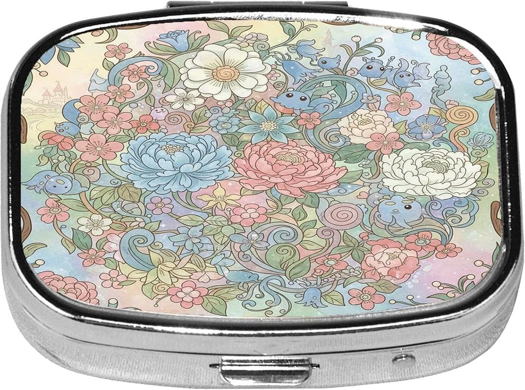 3 x Square Pill Case Small Pill Box with Mirror Pocket 2 Compartment Vitamin Pill Medicine Case Organizer Pill Containers for Traveling Blooming Flower Two