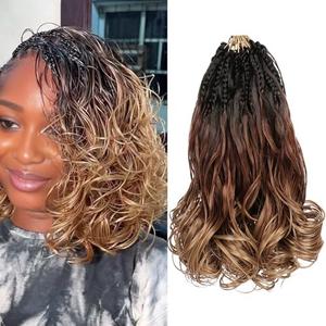 Leeven Boho French Curl Crochet Braids 12 Inch 8 Packs Ombre Brown to Honey Blonde Pre Looped Curly Crochet Hair Short Goddess Box Braids 3 Tone Loose Wave Synthetic Hair Extensions for Women