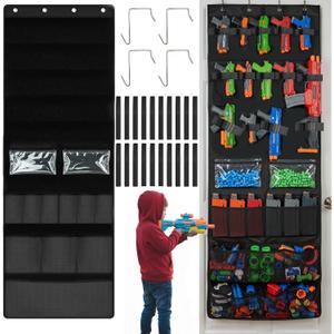 Over the Door Organizer for Toy Guns, Door Hanger Toys Storage with Pockets and Slots for Foam Blasters, Darts & Goggles, Over Door Toy Guns Storage for Kids Rooms, Game Room