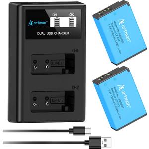 Artman LP-E17 Battery 2-Pack and Upgraded LCD Dual USB-C Charger for Canon EOS R8 R10 RP R50 R100, Rebel T8i T7i T6i T6s, SL2, SL3, M3 M5 M6, M6 II, 77D 200D 250D 750D 760D 800D 8000D KISS X8i Cameras