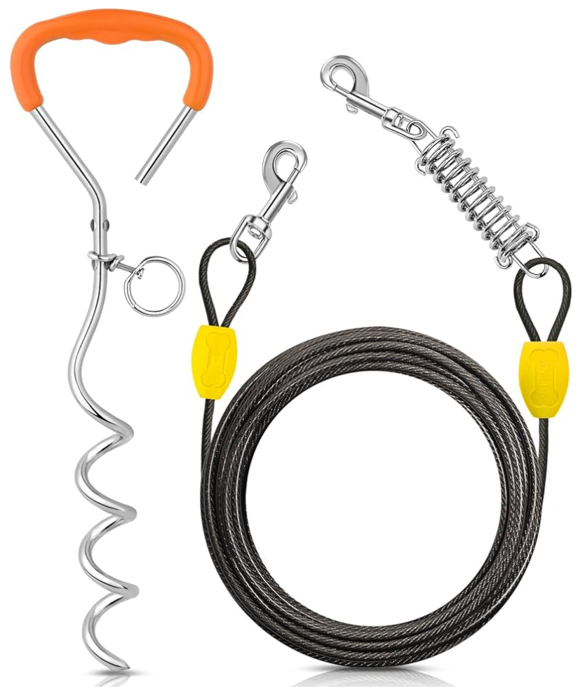 Petbobi Dog Tie-Out Cable and Stake - 20ft Heavy Duty Cable with Spring, No Tangle, 16in Ground Stake, Ideal for Yard, Camping and Beach, Suitable for Small Medium Large Dogs Up to 120 lbs, Black