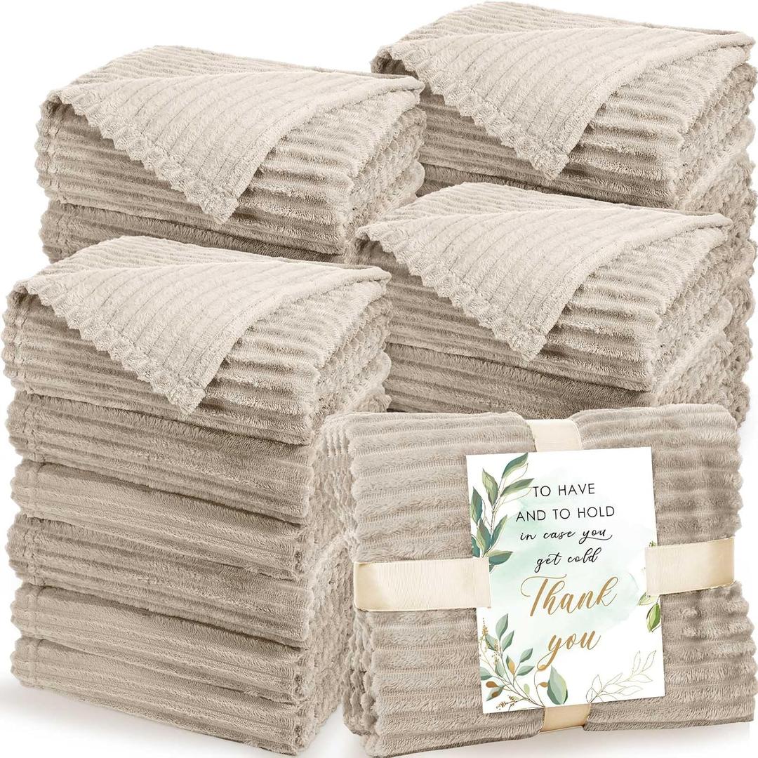 Buryeah 24 Pcs Wedding Flannel Fleece Throw Blanket Bulk with Thank You Card and Ribbon, 50 x 60 in Oeko-TEX Standard 100 Certified Blankets Outdoor Wedding, Guest Party Souvenirs (Khaki)