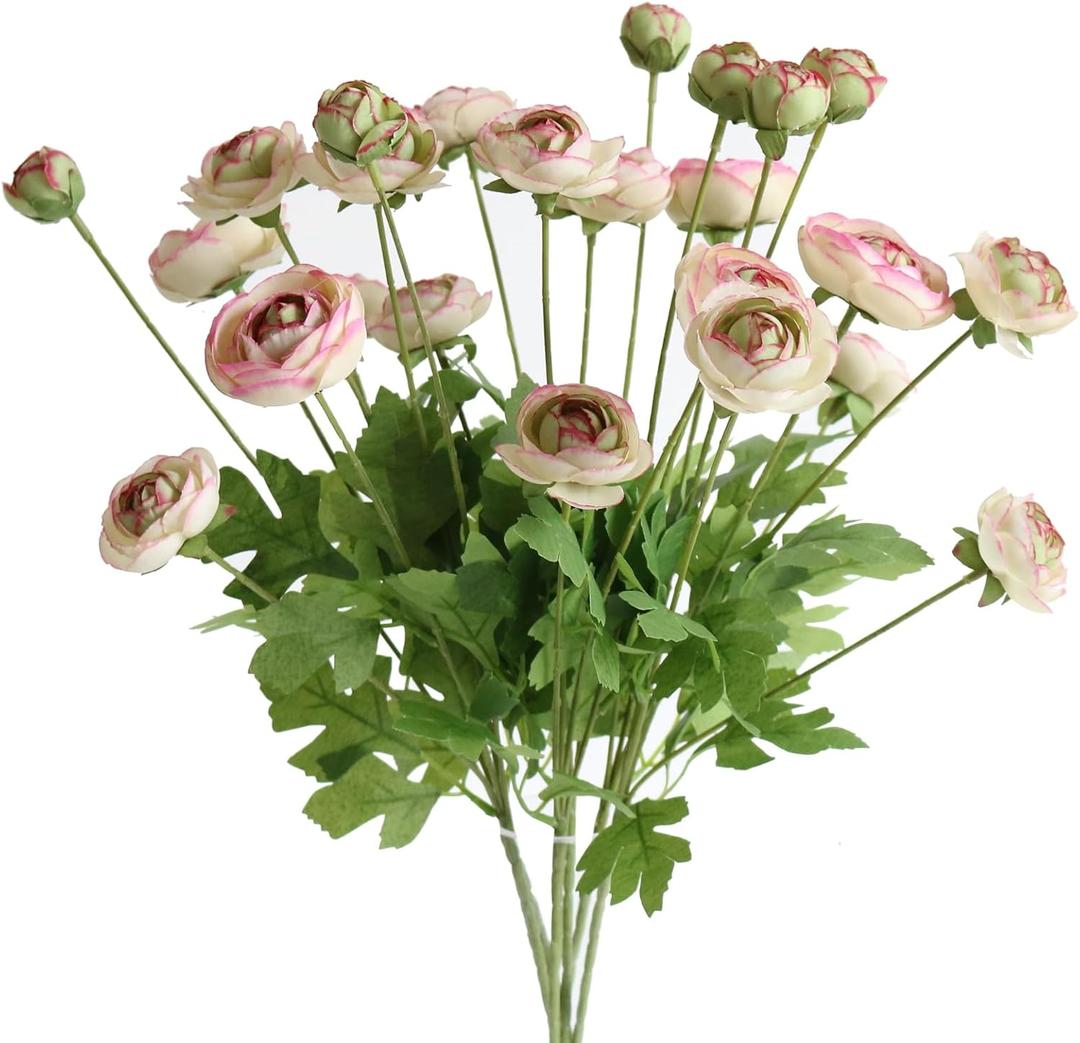 5Pcs Artificial Ranunculus Flower Silk Flowers Persian Buttercup for Home Wedding Decoration Floral Creation Flower Arrangement DIY Project (Pink Green)