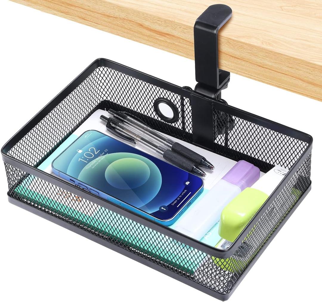 ROSLINE Under Desk Storage Organizer, Clamp on Drawer Basket, Hanging Storage, Mount Tray, Suitable for Multiple Scenes (Black)