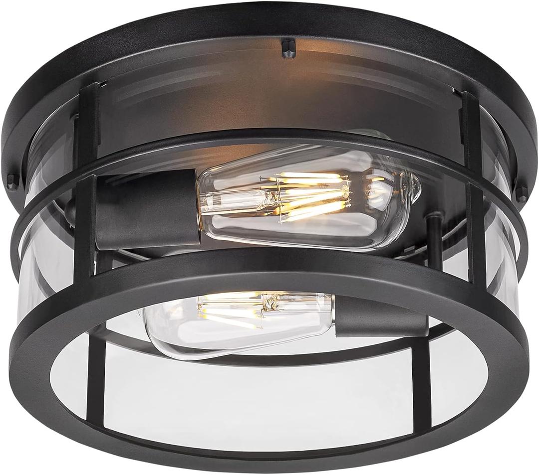 Darkaway Flush Mount Ceiling Light, 11.6 Inch Industrial Ceiling Light Fixture Outdoor Indoor Close to Ceiling with Clear Glass Shade for Hallway Balcony Porch Kitchen Living Room 2-Light (Black-Round)