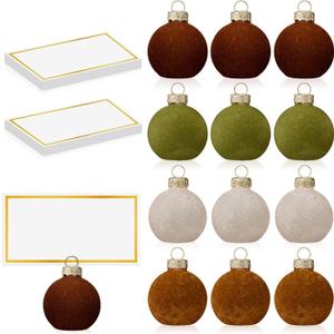Nitial 12 Pcs Velvet Christmas Ornament Place Card Holders and Name Cards Set for Table Setting 1.57'' Glass Green Cream Tan Brown Table Number Sign Photo Picture Holder for Xmas Holiday Party Decor