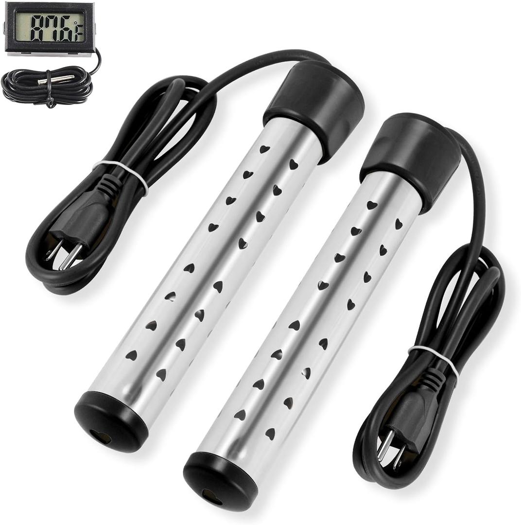 Portable Immersion Water Heater with Stainless Steel Cover, Quick Heating Immersion Heater with LCD Thermometer, Anti-scalding Bucket Heater for Indoor & Outdoor (2 Pcs, Black)