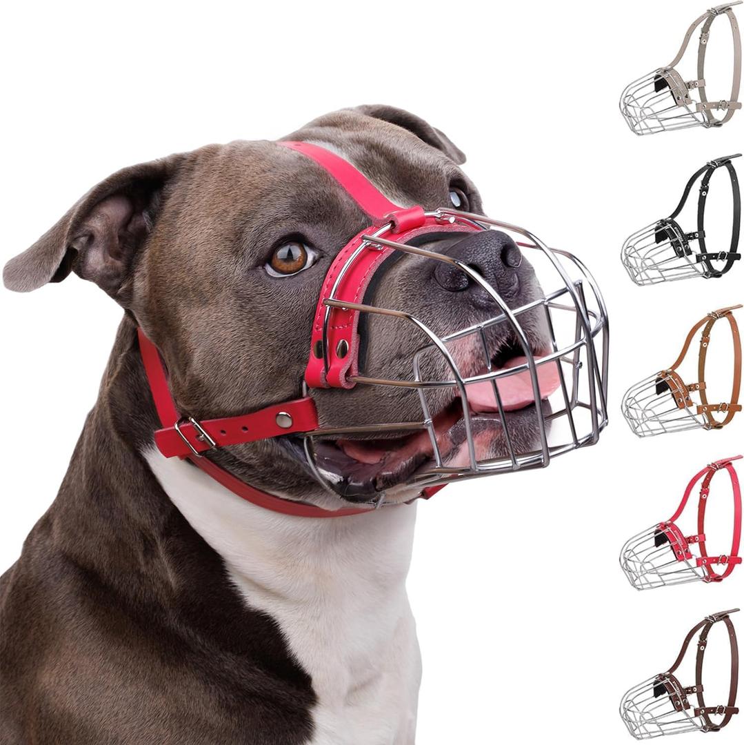 BRONZEDOG Pitbull Dog Muzzle Breathable Metal Basket for Large Dogs Amstaff Staffordshire Terrier Biting Chewing Barking (Leather, Pink)