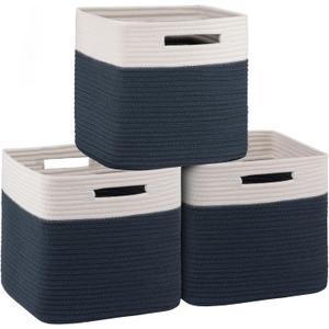 OIAHOMY Cube Storage Basket, 3-Pack Woven Cotton Rope Baskets for Storage, 11-Inch Cube Basket with Handles, Great for Shelves, Closets, Children's Toy Storage and Organization-White & Blue