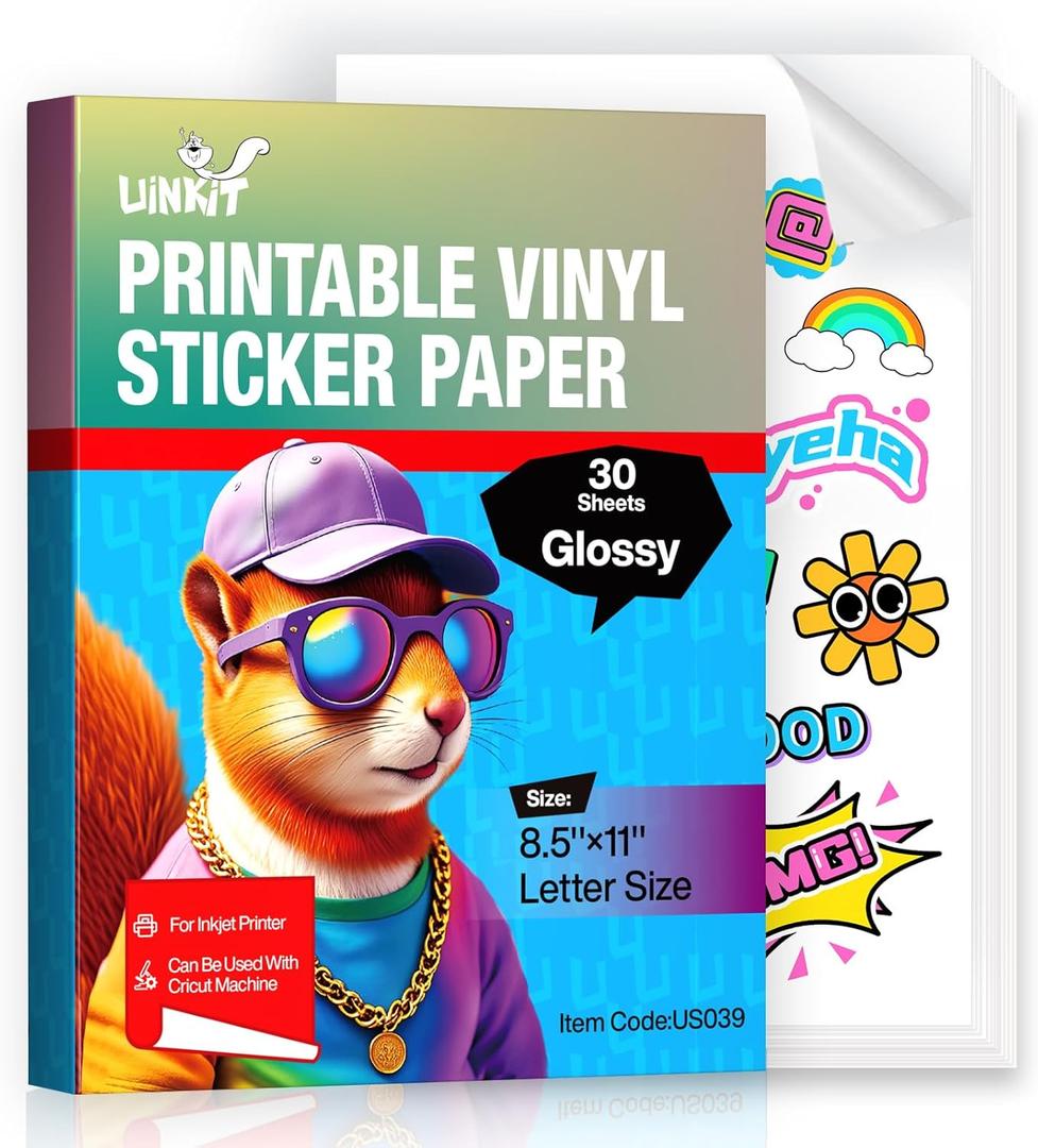 Uinkit 30 Sheets Premium Glossy Printable Vinyl Sticker Paper - Waterproof, Quickly-Dries for Pet Photos & Kids Crafts, Tear-Resistant Decals for Inkjet & Laser Printers (Letter Size 8.5"x11")