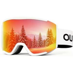Ski Goggles for Men and Women, OTG, Anti-Fog Dual-Layer Lens, UV400 Protection, Helmet Compatible, Snow Goggles (Red Lens / White Frame)